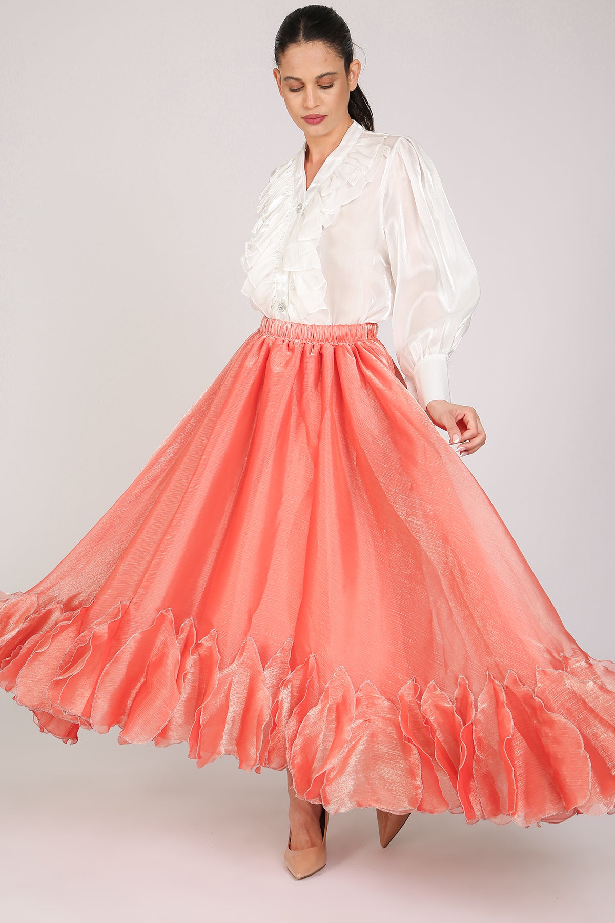 Kalisa Glossy Ruffles Tulle Detail High-Waisted Maxi Skirt - Shop Beulah Style