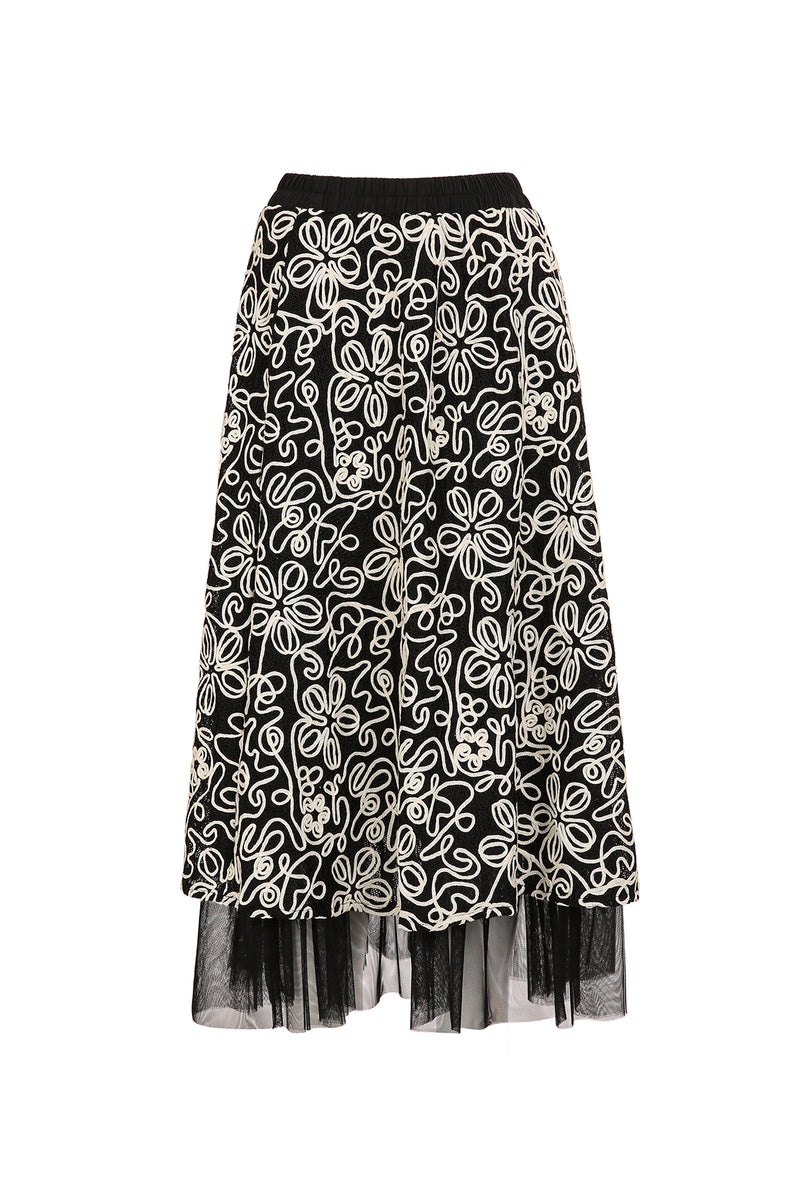 Zoey Floral Embroidered Mesh & Tulle Combo Midi Skirt