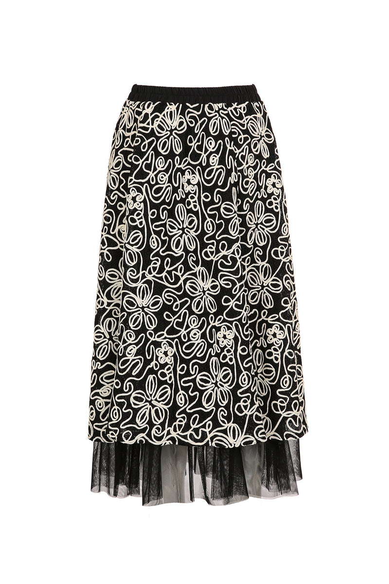 Zoey Floral Embroidered Mesh & Tulle Combo Midi Skirt