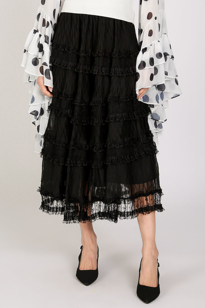 Caroline Tiered Embroidered Mesh Sheer Maxi Skirt