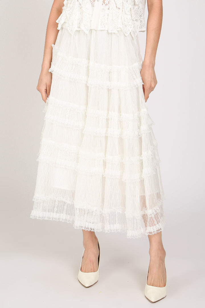 Caroline Tiered Embroidered Mesh Sheer Maxi Skirt