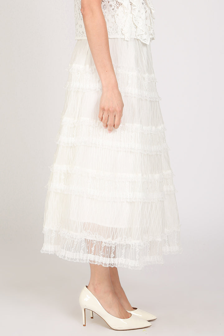 Caroline Tiered Embroidered Mesh Sheer Maxi Skirt