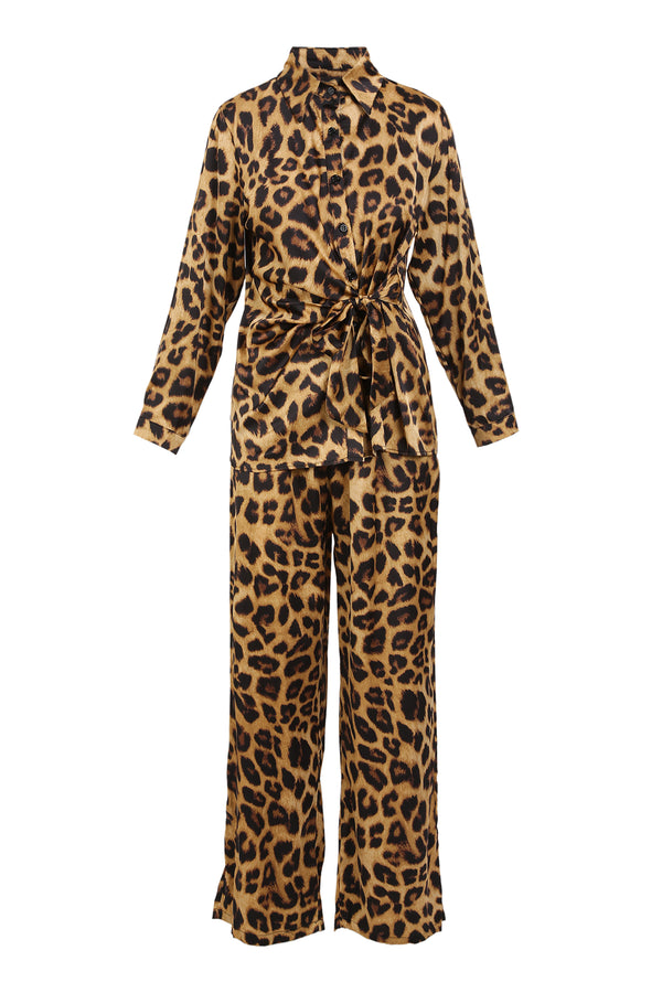 Piper Waist Tie Detail Leopard Printed Blouse & Pants Set