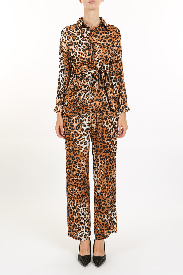 Lenore Waist Tie Detail Leopard Printed Blouse & Pants Set