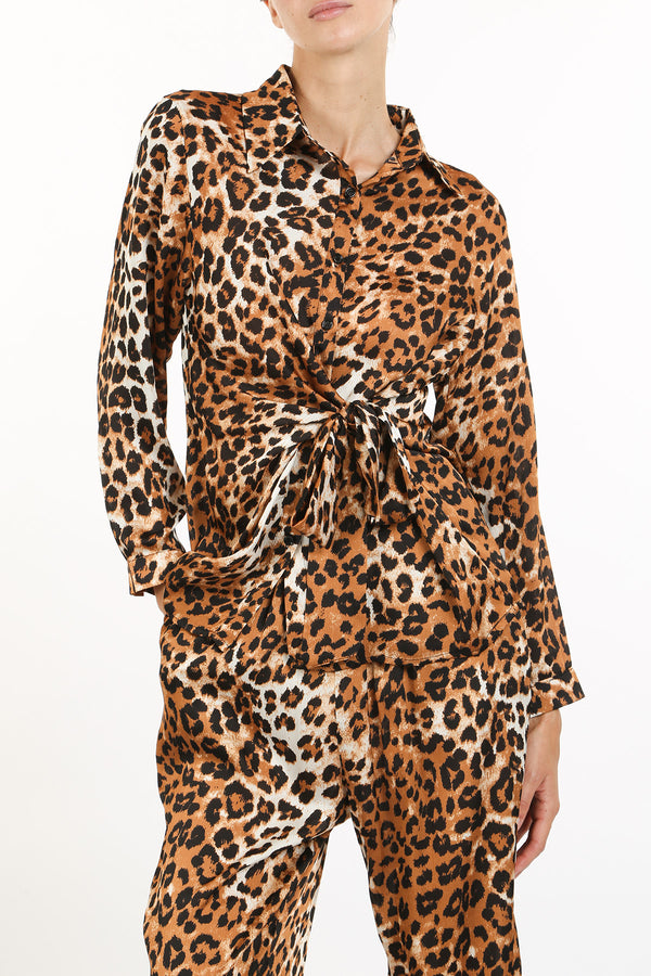 Lenore Waist Tie Detail Leopard Printed Blouse & Pants Set