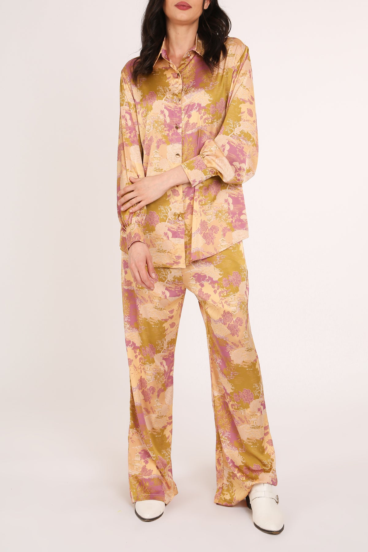 Piper Vintage Printed Satin Shirt & Pants Set - Shop Beulah Style