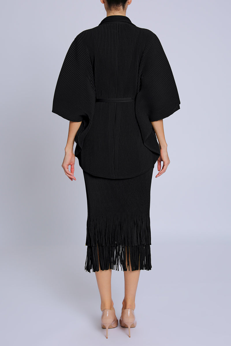 Arcadia Belted Pleats Robe & Tiered Fringe Hem Skirt Set