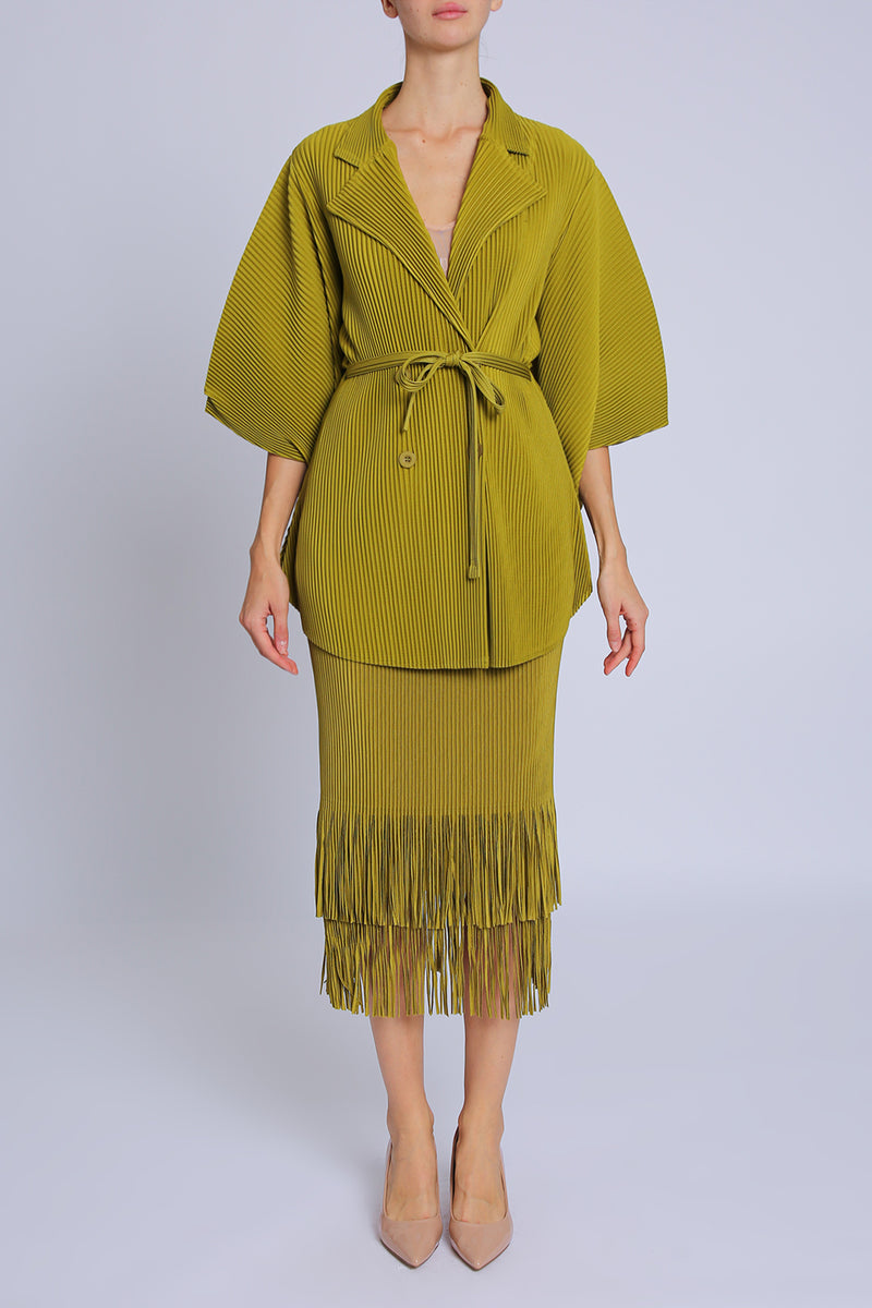 Arcadia Belted Pleats Robe & Tiered Fringe Hem Skirt Set