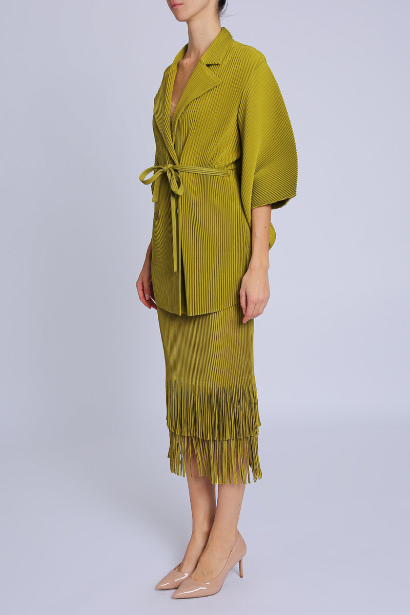 Arcadia Belted Pleats Robe & Tiered Fringe Hem Skirt Set