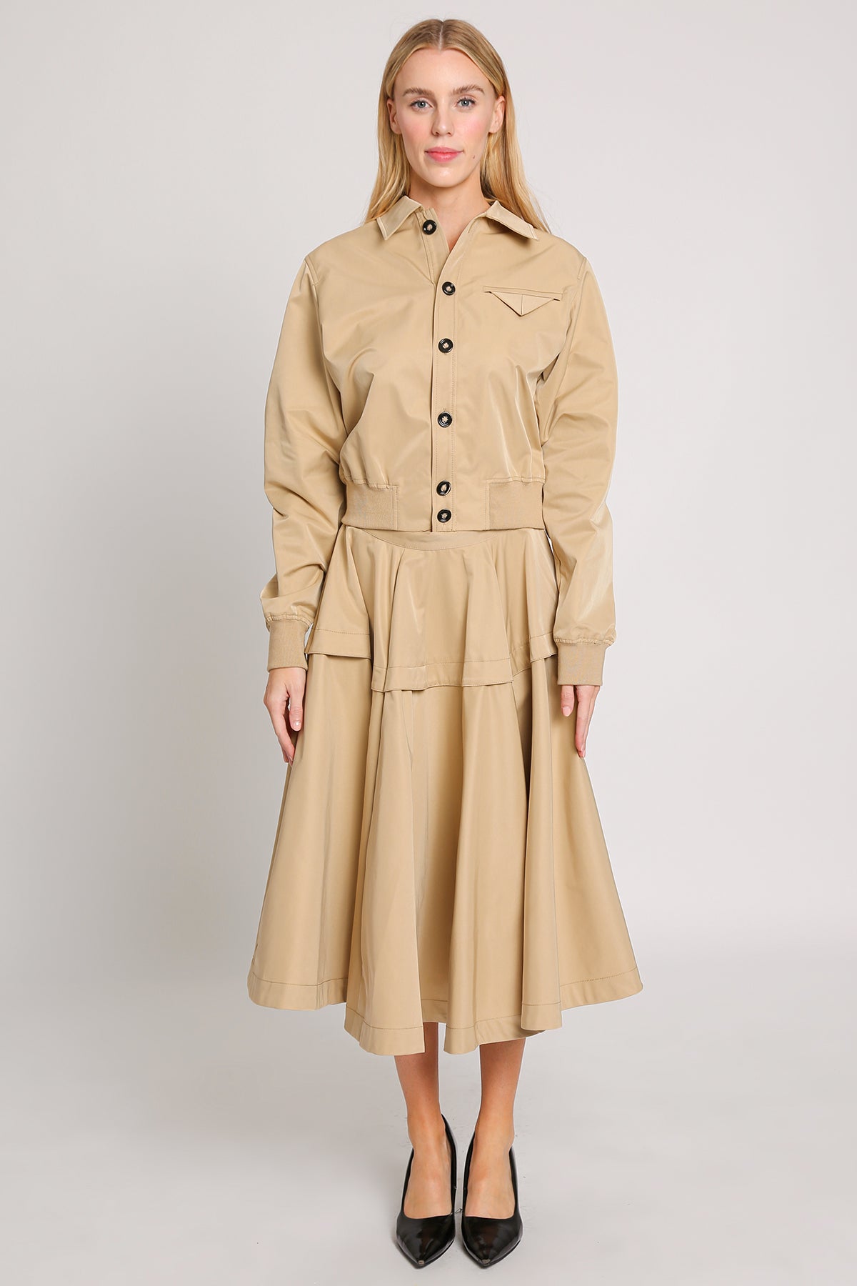 Collared Jacket & Pleated Poplin Midi Skirt Set