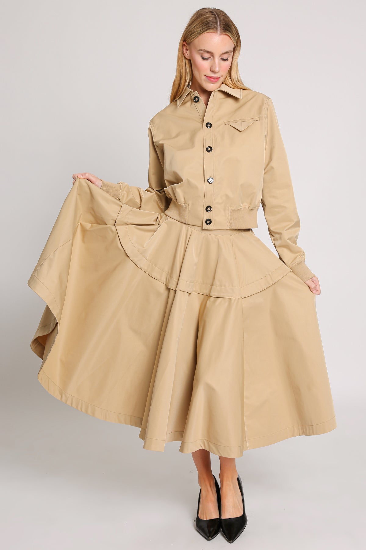 Collared Jacket & Pleated Poplin Midi Skirt Set