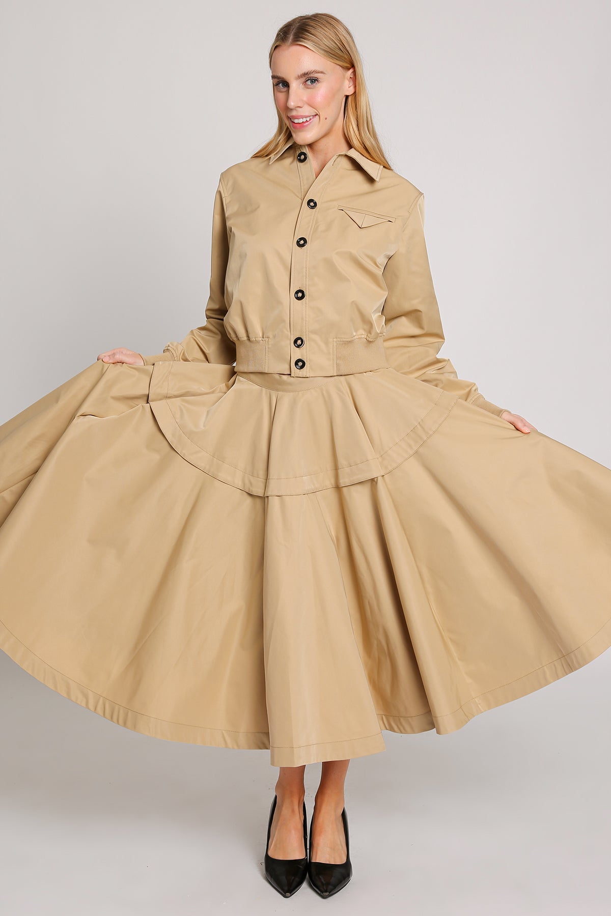 Collared Jacket & Pleated Poplin Midi Skirt Set