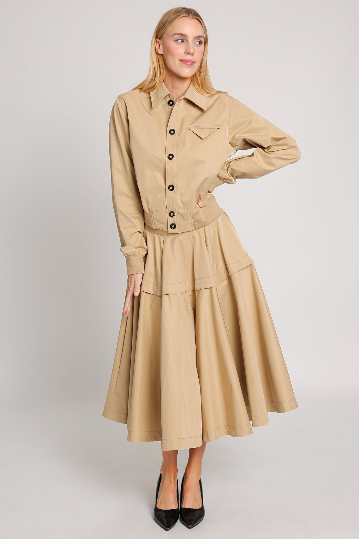 Collared Jacket & Pleated Poplin Midi Skirt Set