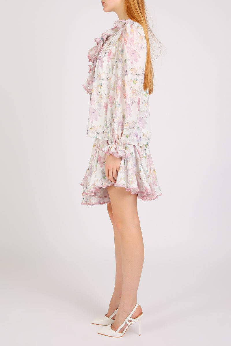 Amber Floral Print Ruffled Chiffon Blouse & Skirt Set