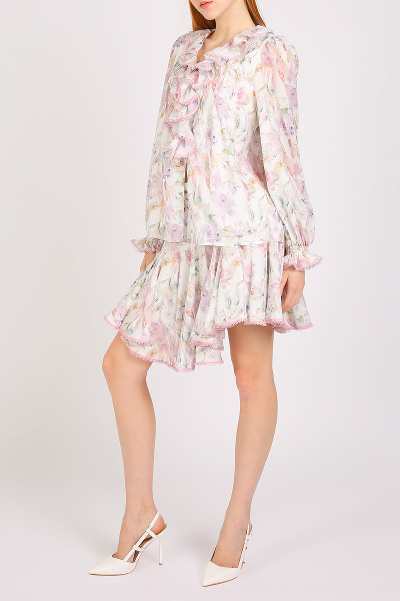 Amber Floral Print Ruffled Chiffon Blouse & Skirt Set