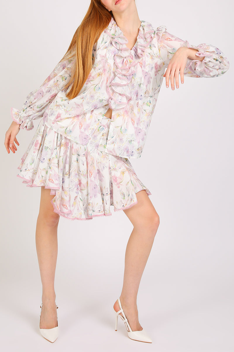 Amber Floral Print Ruffled Chiffon Blouse & Skirt Set