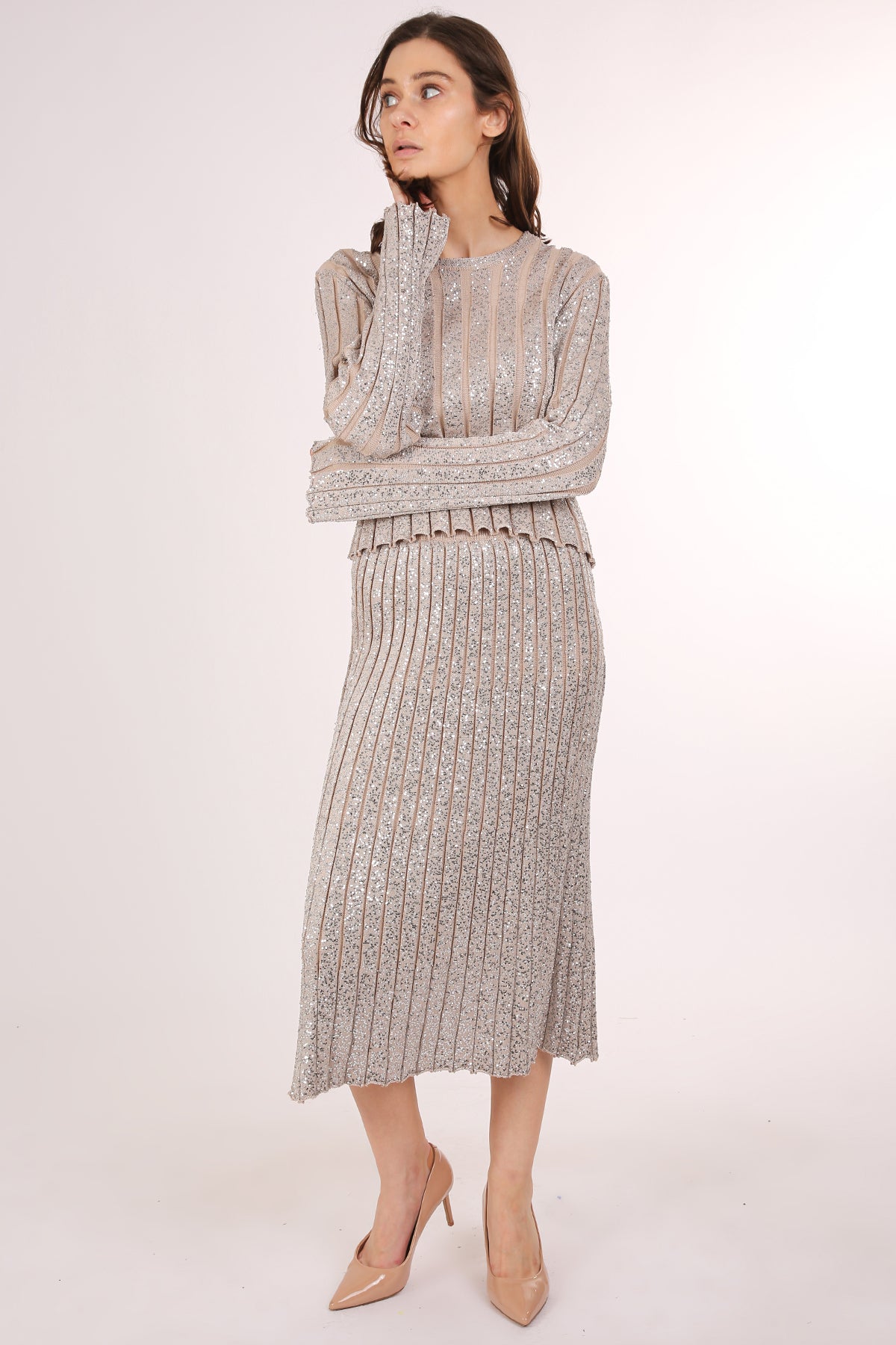 Janet Pleat Sequined Detail Knit Ribbed Top & Skirt Set - Shop Beulah Style
