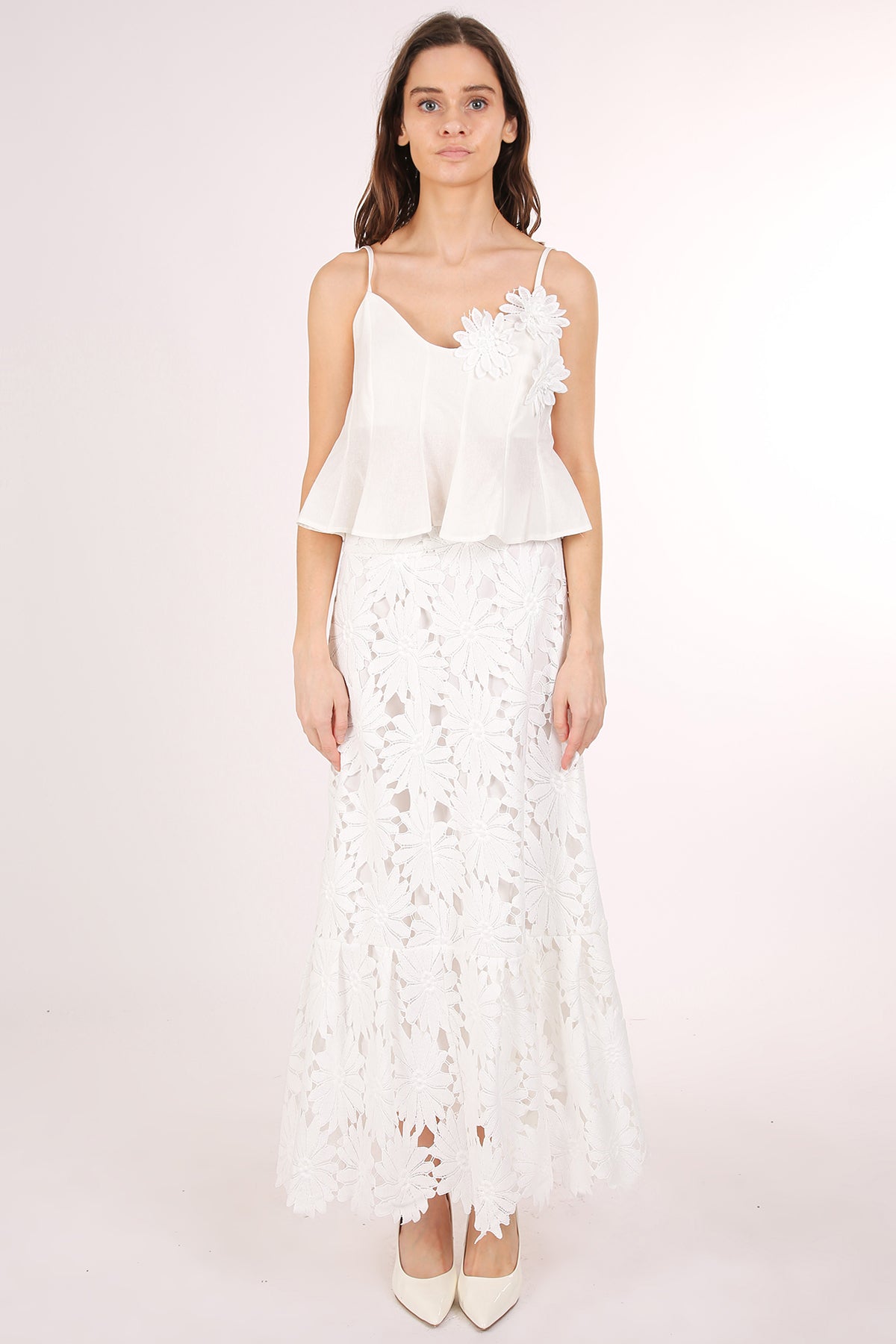 Thaddeus 3D Floral Lace Detail Slip Crop Top & Skirt Set - Shop Beulah Style