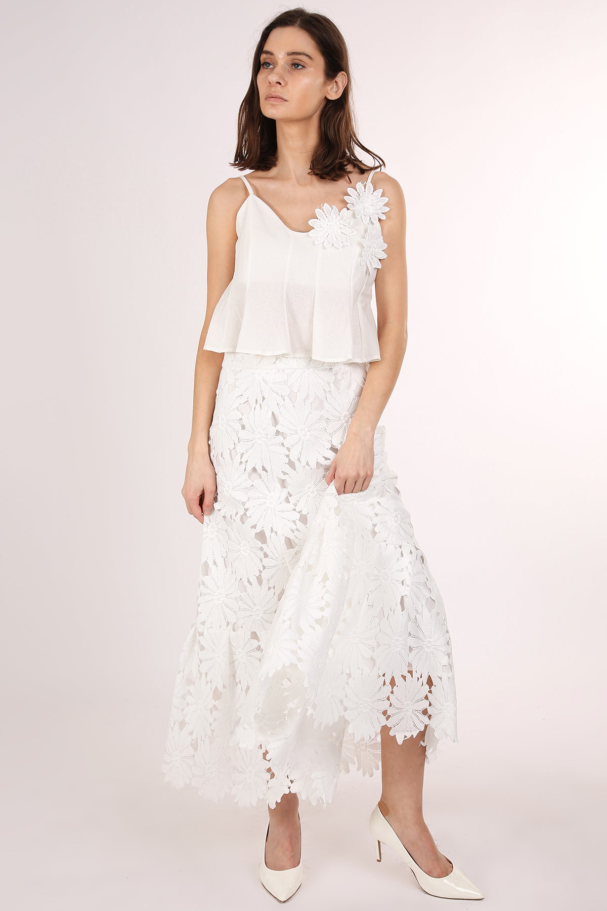 Thaddeus 3D Floral Lace Detail Slip Crop Top & Skirt Set - Shop Beulah Style