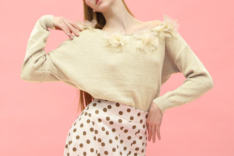 Vivian Asymmetrical Ruffled Floral Tulle Applique Sweater