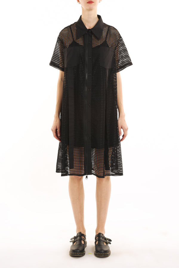 Johni Rectangular Lace Hollow Out Net Midi Shirt Dress