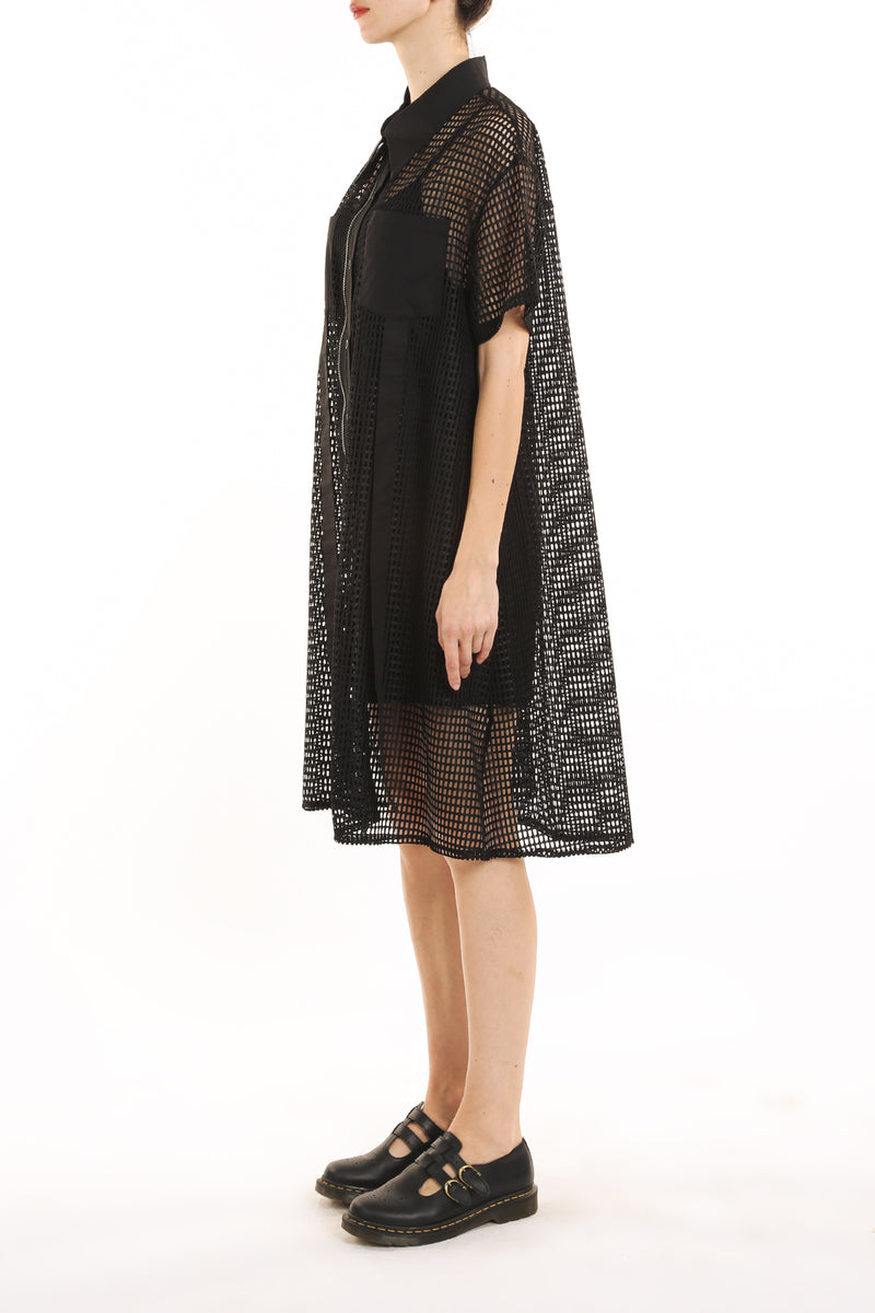 Johni Rectangular Lace Hollow Out Net Midi Shirt Dress