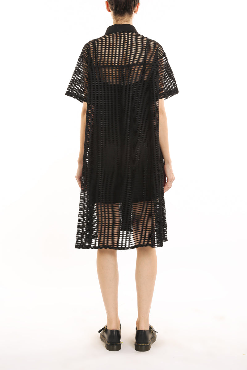 Johni Rectangular Lace Hollow Out Net Midi Shirt Dress