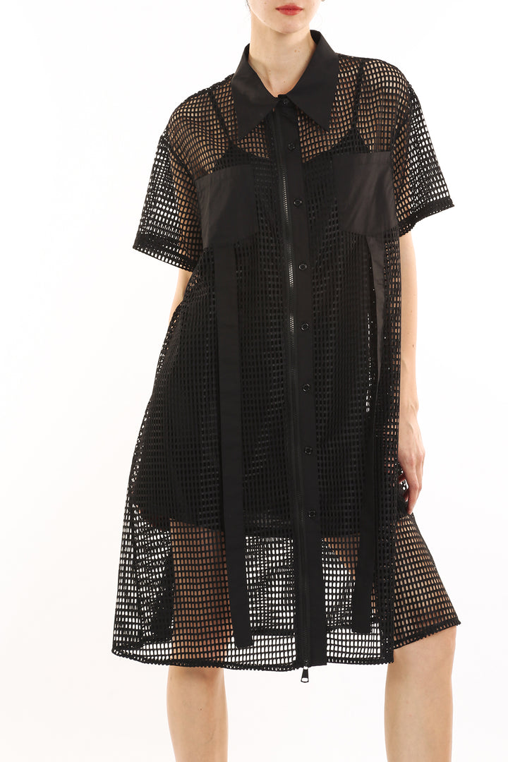Johni Rectangular Lace Hollow Out Net Midi Shirt Dress - Shop Beulah Style