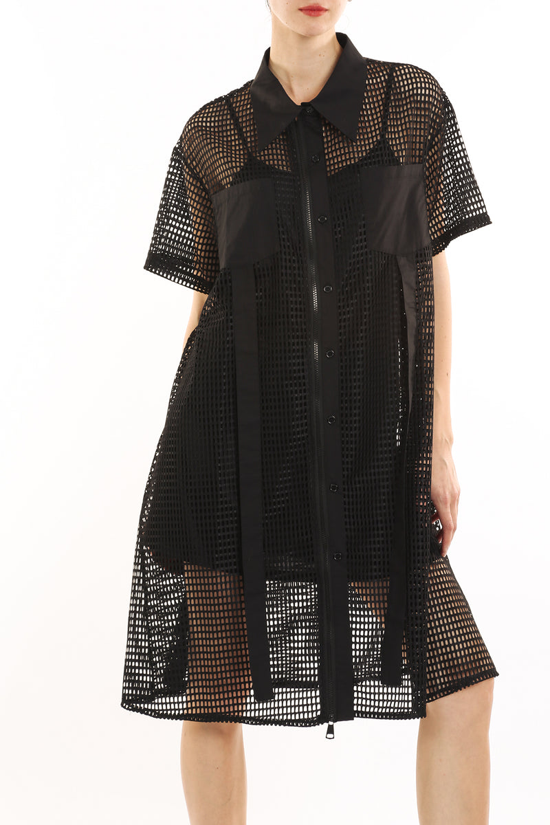 Johni Rectangular Lace Hollow Out Net Midi Shirt Dress