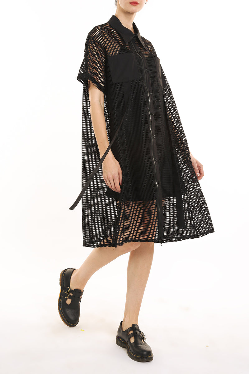 Johni Rectangular Lace Hollow Out Net Midi Shirt Dress