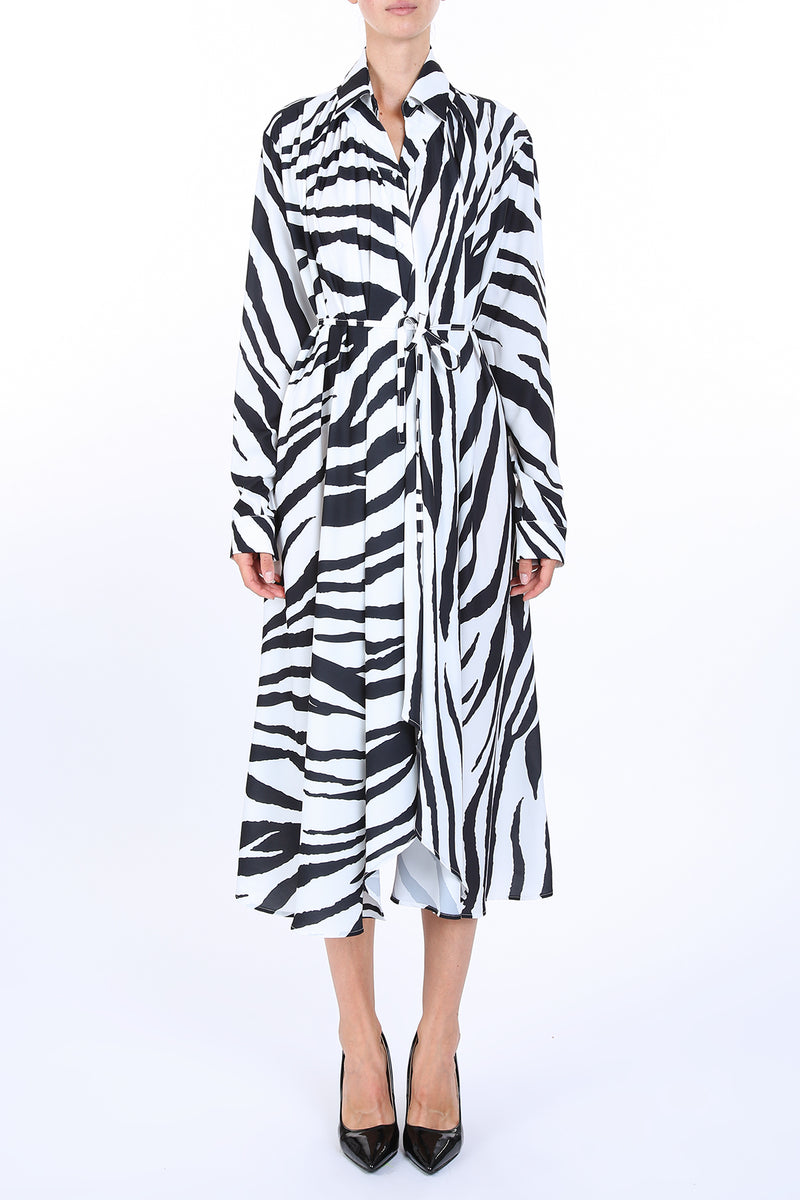 Tana Zebra Print Belted Satin Midi Shirt Dress