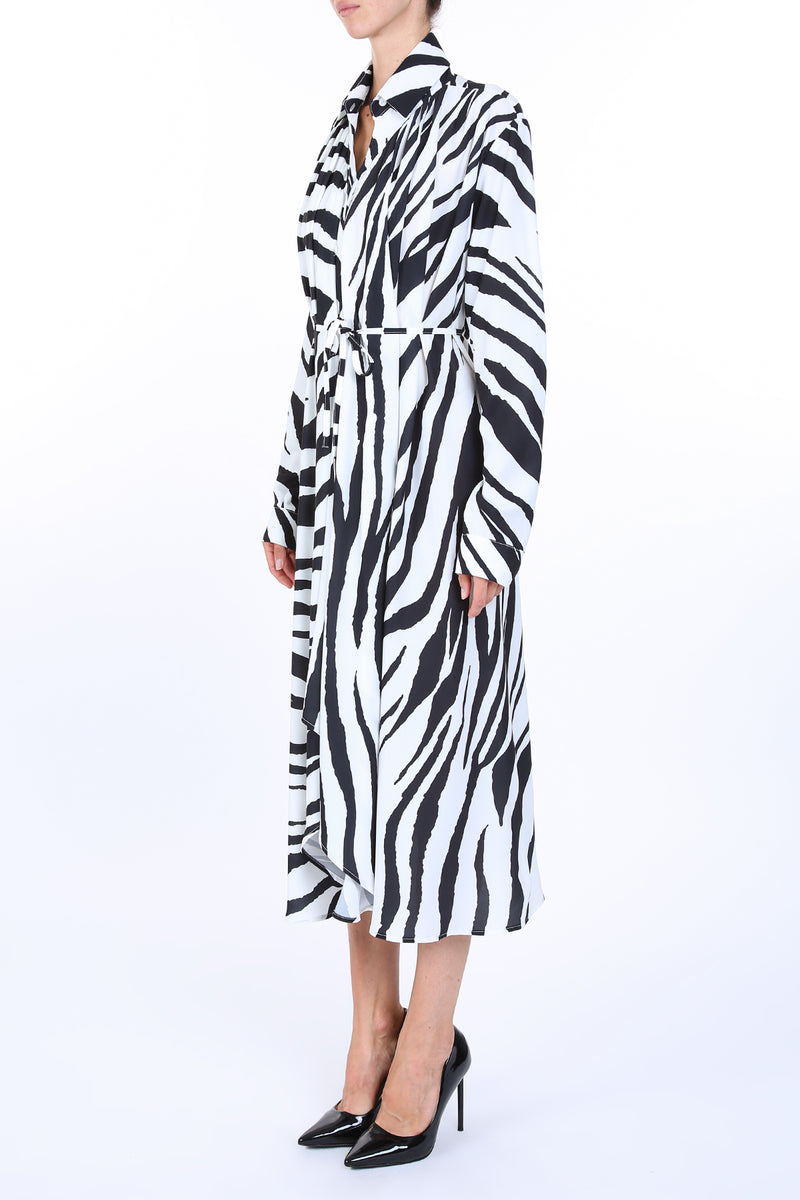 Tana Zebra Print Belted Satin Midi Shirt Dress