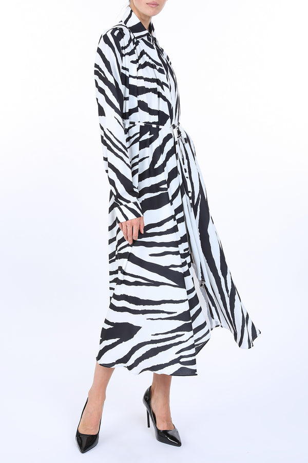 Tana Zebra Print Belted Satin Midi Shirt Dress