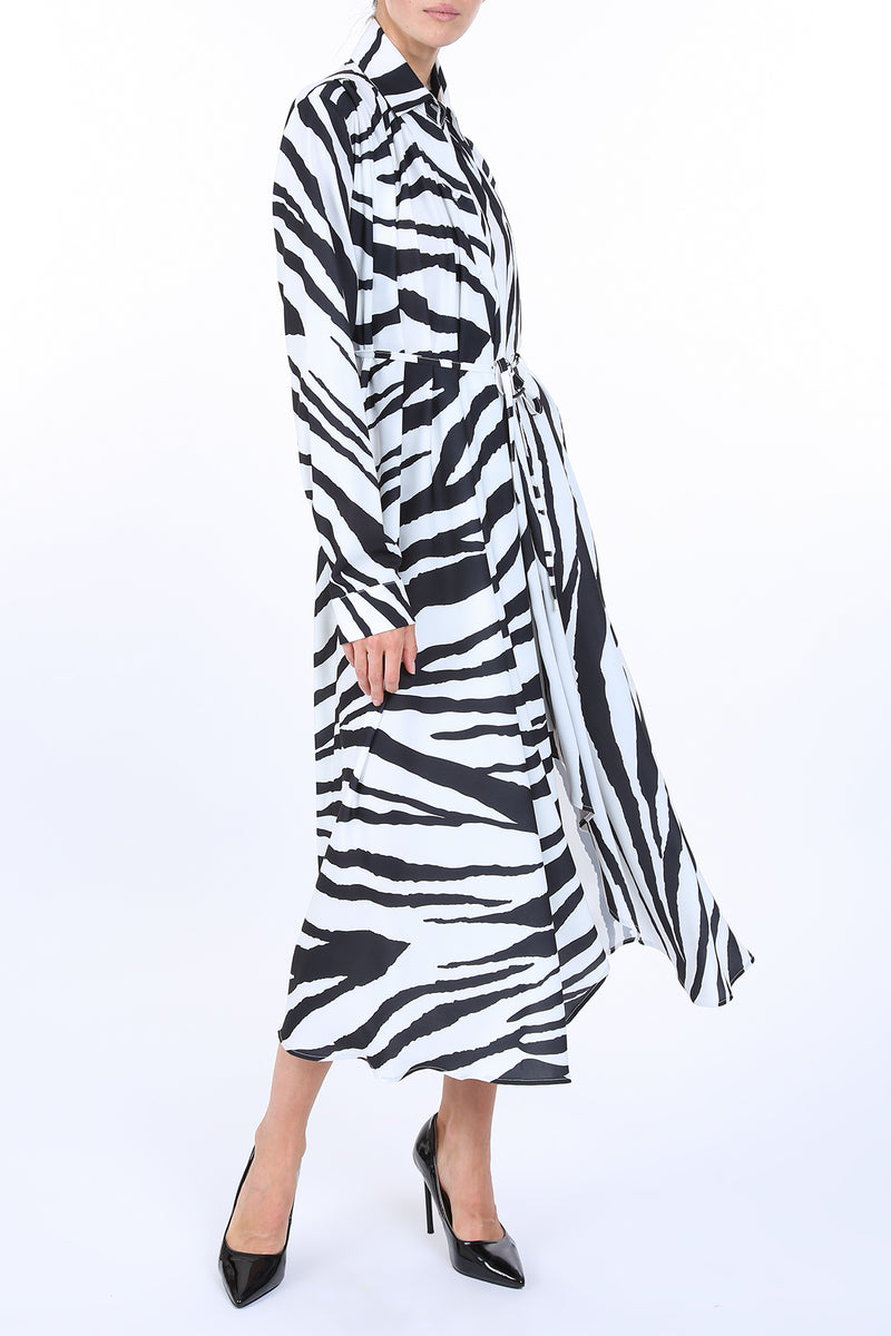 Tana Zebra Print Belted Satin Midi Shirt Dress - Shop Beulah Style