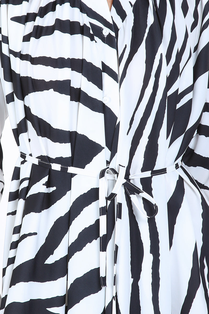 Tana Zebra Print Belted Satin Midi Shirt Dress