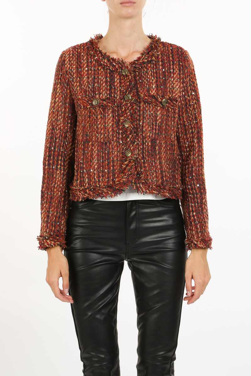 Cindy Sequined Fringe Detail Tweed Plaid Jacket - Shop Beulah Style