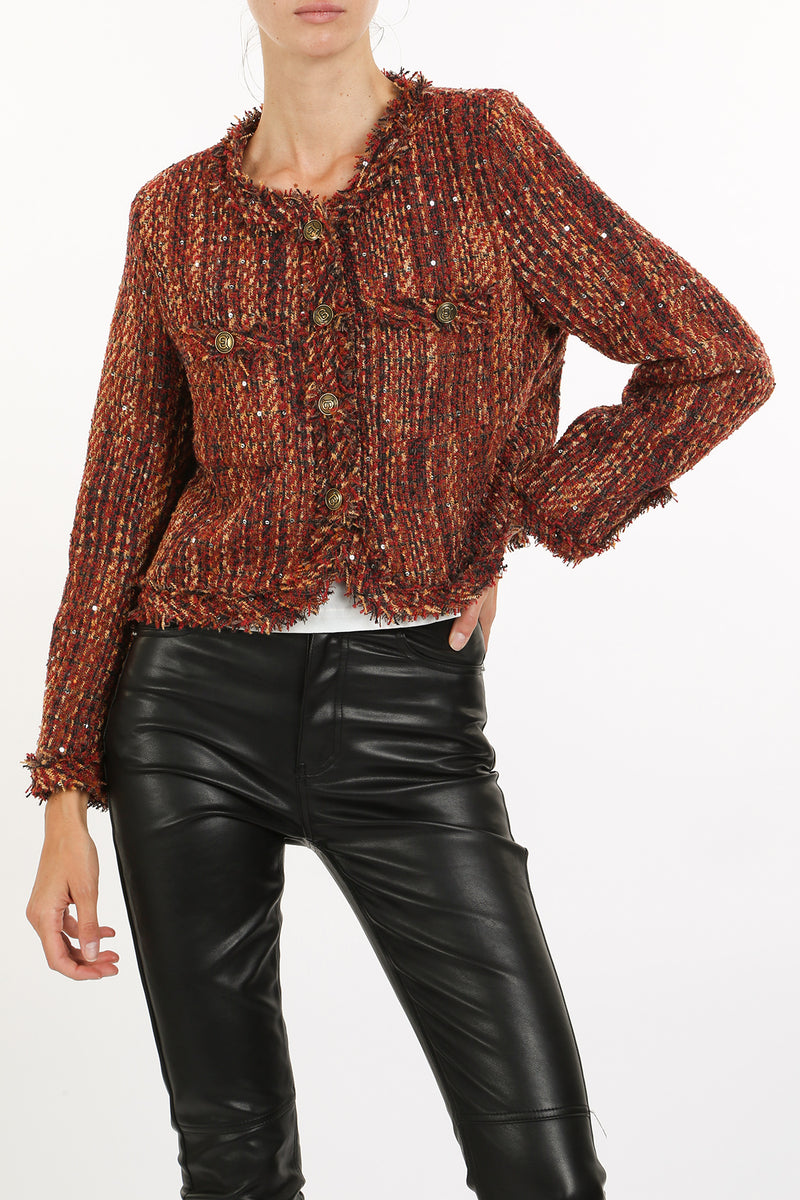 Cindy Sequined Fringe Detail Tweed Plaid Jacket - Shop Beulah Style