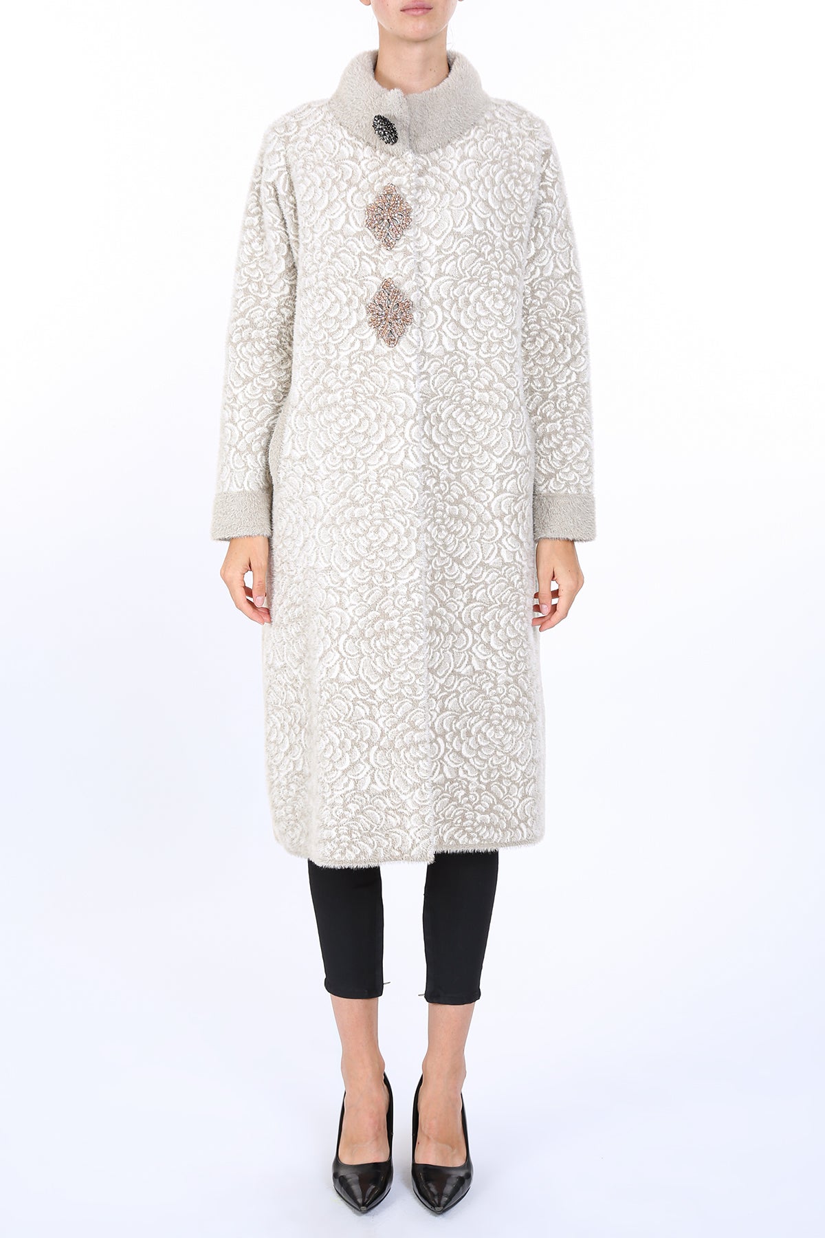 Kaylee Floral Jacquard Print Embellished Fur Overcoat