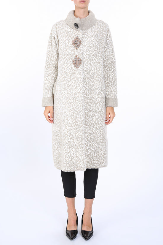 Kaylee Floral Jacquard Print Embellished Fur Overcoat