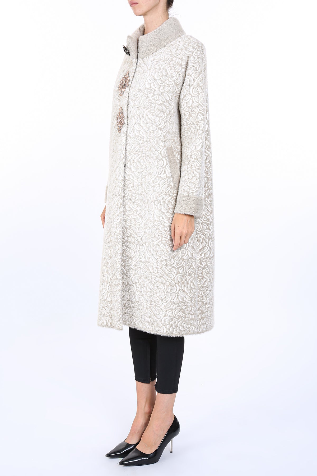 Kaylee Floral Jacquard Print Embellished Fur Overcoat