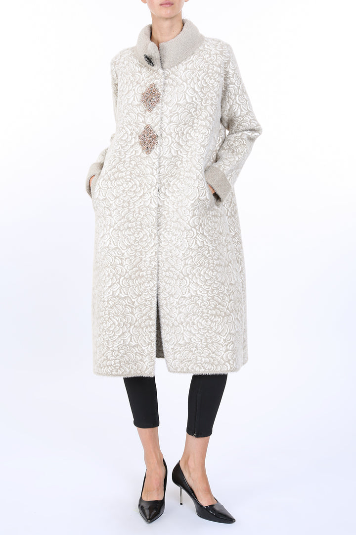 Kaylee Floral Jacquard Print Embellished Fur Overcoat