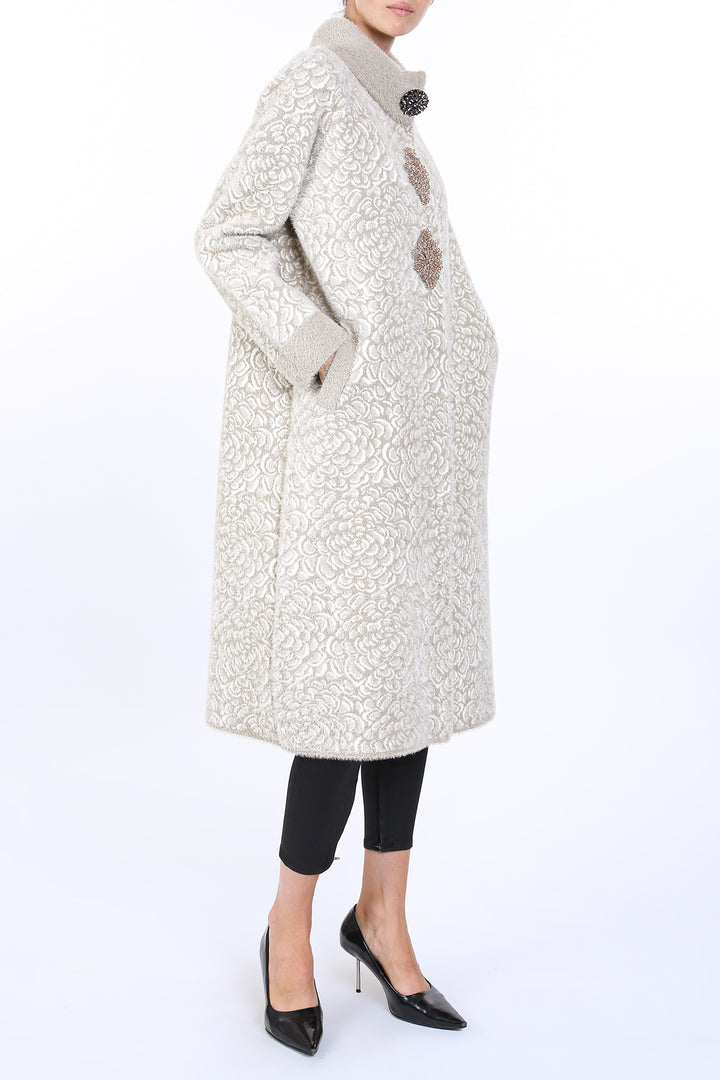 Kaylee Floral Jacquard Print Embellished Fur Overcoat