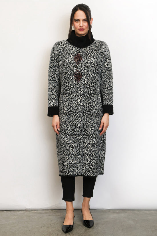 Kaylee Floral Jacquard Print Embellished Fur Overcoat