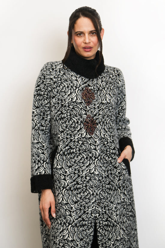 Kaylee Floral Jacquard Print Embellished Fur Overcoat