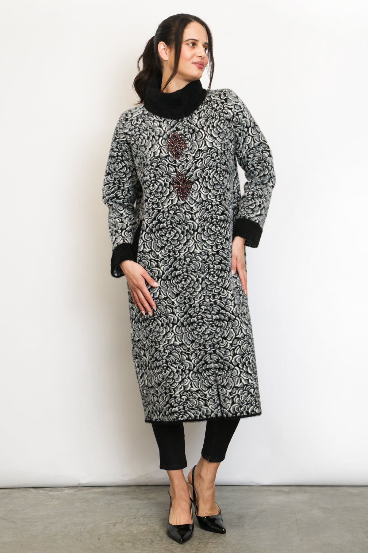 Kaylee Floral Jacquard Print Embellished Fur Overcoat