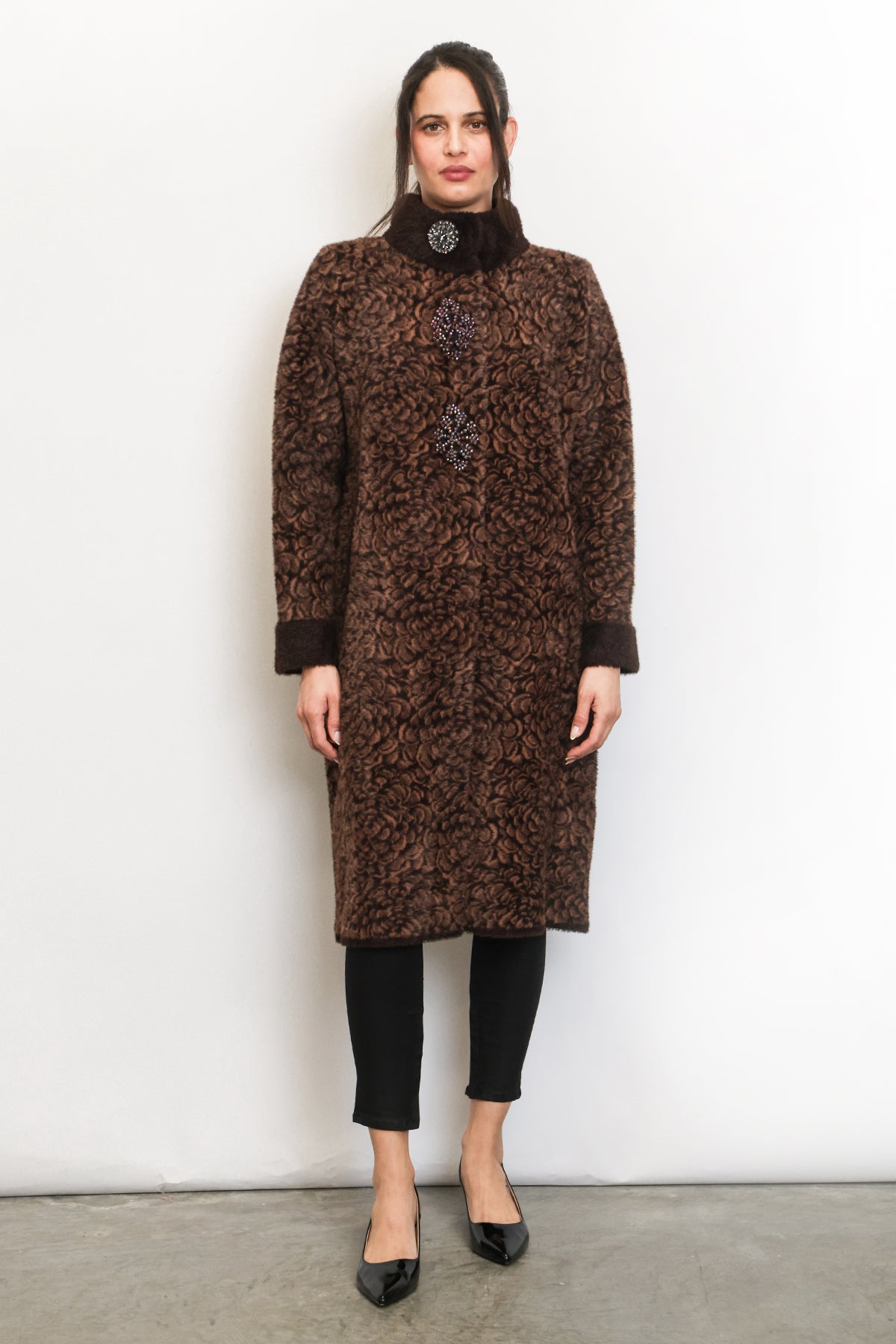 Kaylee Floral Jacquard Print Embellished Fur Overcoat
