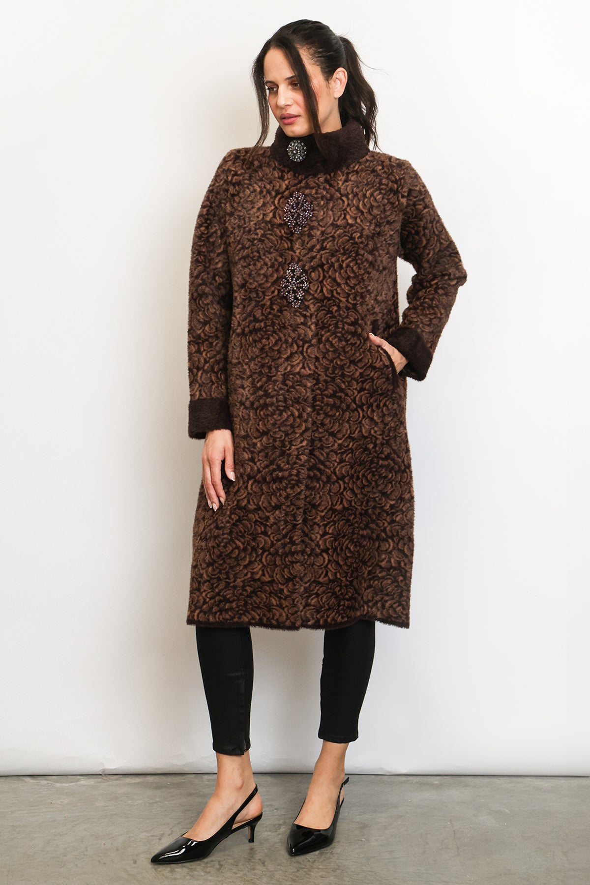 Kaylee Floral Jacquard Print Embellished Fur Overcoat