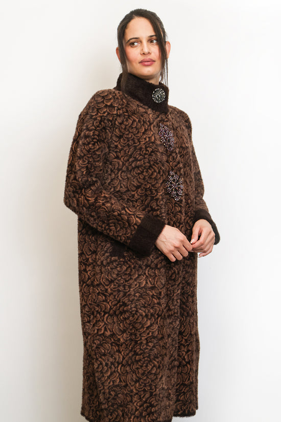 Kaylee Floral Jacquard Print Embellished Fur Overcoat
