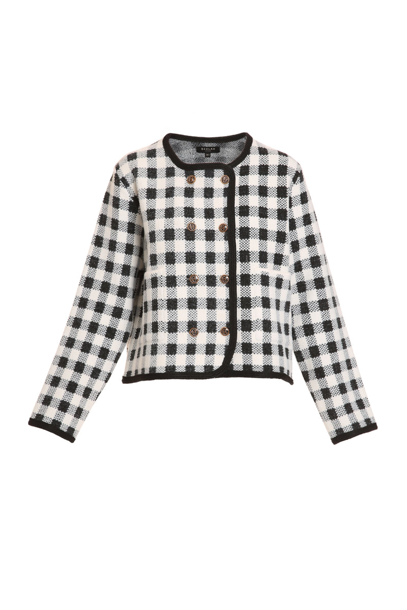 Jaron Monochrome Plaid Double-Breasted Knit Cardigan