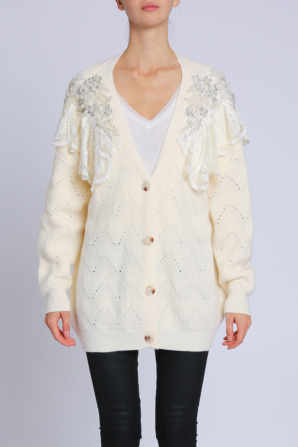 Mallow Embellished & Embroidered V-Neck Knit Cardigan